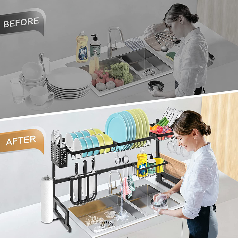 Over the Sink Dish Drying Rack GIVIGO 2 Tier Stainless Steel Dish Drying Rack Adjustable Large Dish Drainer for Kitchen Organization Storage Shelf Space Saver Shelf Holder with 5 Hook Utensils Holder