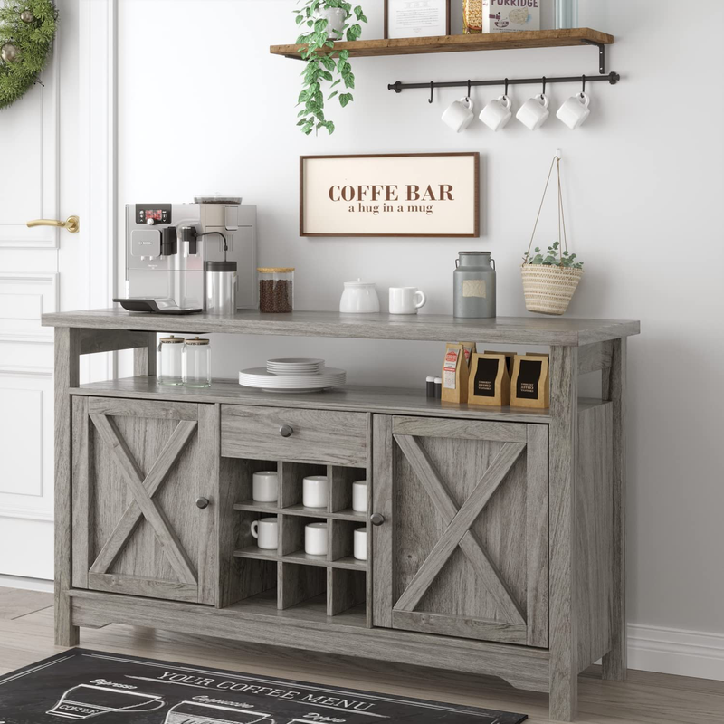Farmhouse Coffee Bar Cabinet, 47” Kitchen Buffet Storage Cabinet Rustic Sideboard Buffet Barn Door Drawer Open Shelf for Kitchen, Dining Room, Living Room 47" X 16" X 32"(Grey Wash) Home & Garden > Kitchen & Dining > Food Storage Catrimown Grey Wash  