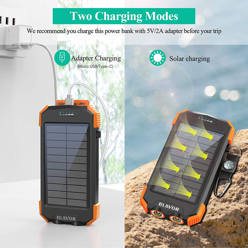 Solar Power Bank, Qi Portable Charger 10,000Mah External Battery Pack Type C Input Port Dual Flashlight, Compass, Solar Panel Charging (Orange) Sporting Goods > Outdoor Recreation > Camping & Hiking > Camping Tools BLAVOR   