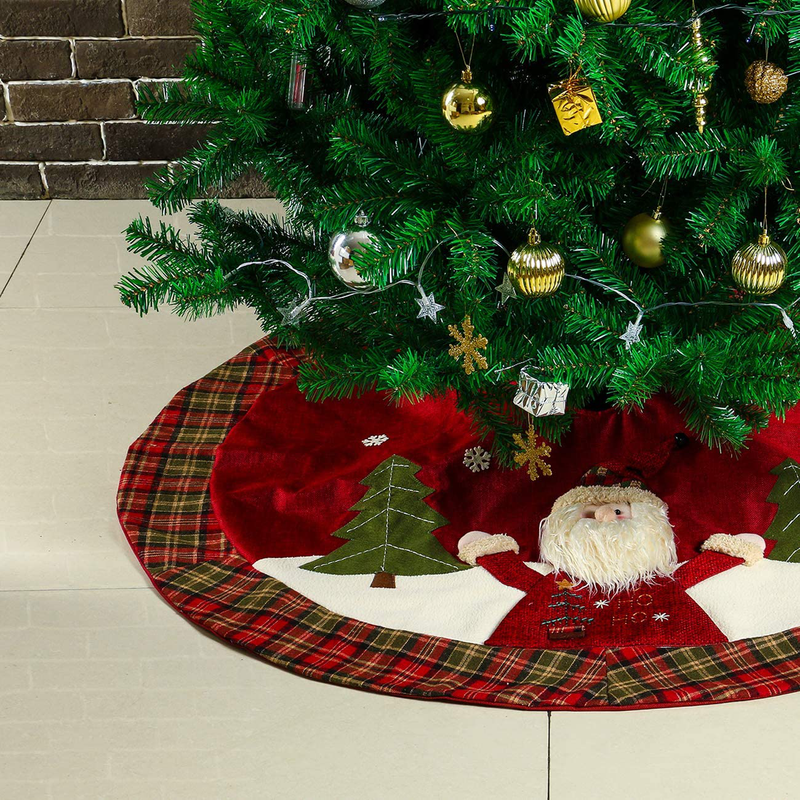 Sunnyglade 48" Christmas Tree Skirt Double-Layer Design Santa Pattern Burlap Christmas Tree Skirt with Buffalo Plaid Edges for Xmas Holiday Decorations (Plaid)