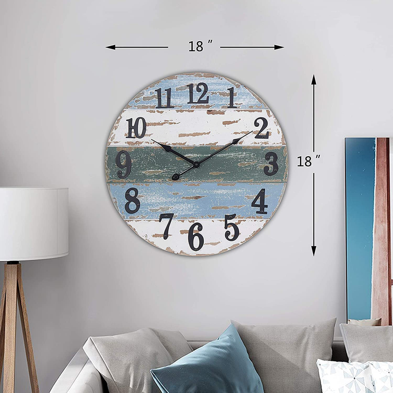 Large Farmhouse 18" Wall Clock Beach Theme Nautical Coastal Wall Decor for Living Room Kitchen Bedroom, Weathered Blue Home & Garden > Decor > Clocks > Wall Clocks HAWOO   