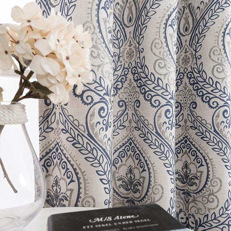 Linen Textured Curtains for Bedroom Damask Printed Drapes Vintage Linen Look Medallion Curtain Panels Red Window Treatments Room Darkening for Living Room Patio Door 2 Panels 84 Inch Terrared Home & Garden > Decor > Window Treatments > Curtains & Drapes jinchan Blue W50 x L95 