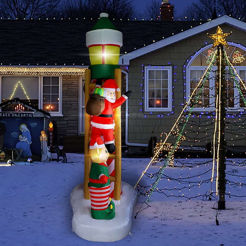 MorTime 8 FT Christmas Inflatable Santa Claus Climbing Chimney, Blow up Lighted Chimney with Elf Yard Decor with LED Lights for Christmas Outdoor Yard Party Shopping Mall Decorations