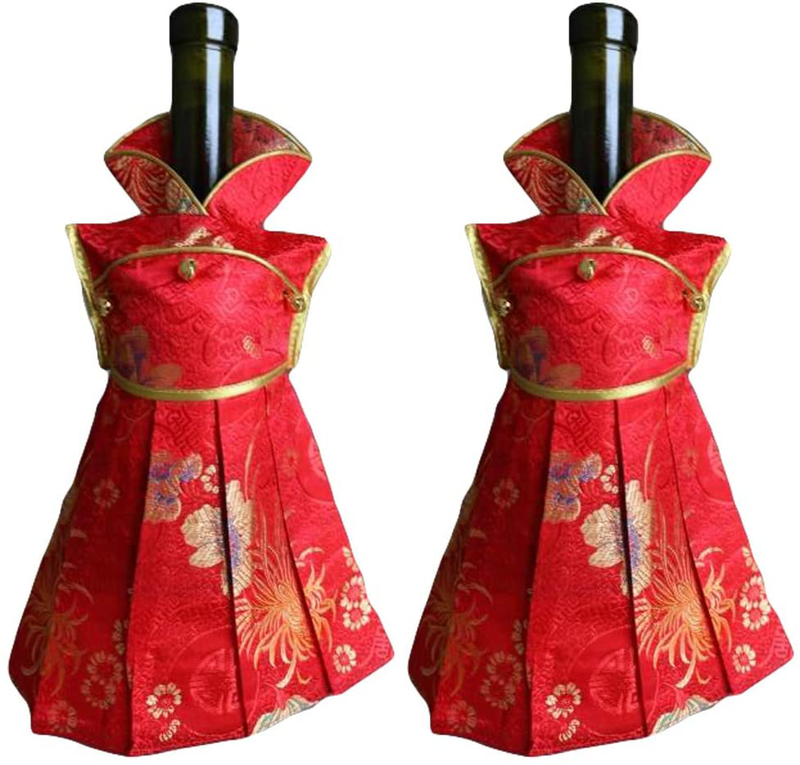 OOCC 2Pcs Chinese Brocade Dress Wine Bottle Cover China Dress Cheongsam Wine Bags Champagne Bags for Party Christmas Decorations Hotel Bar Kitchen Table Decor (Red-F) Home & Garden > Decor > Seasonal & Holiday Decorations& Garden > Decor > Seasonal & Holiday Decorations OOCC Red-J  