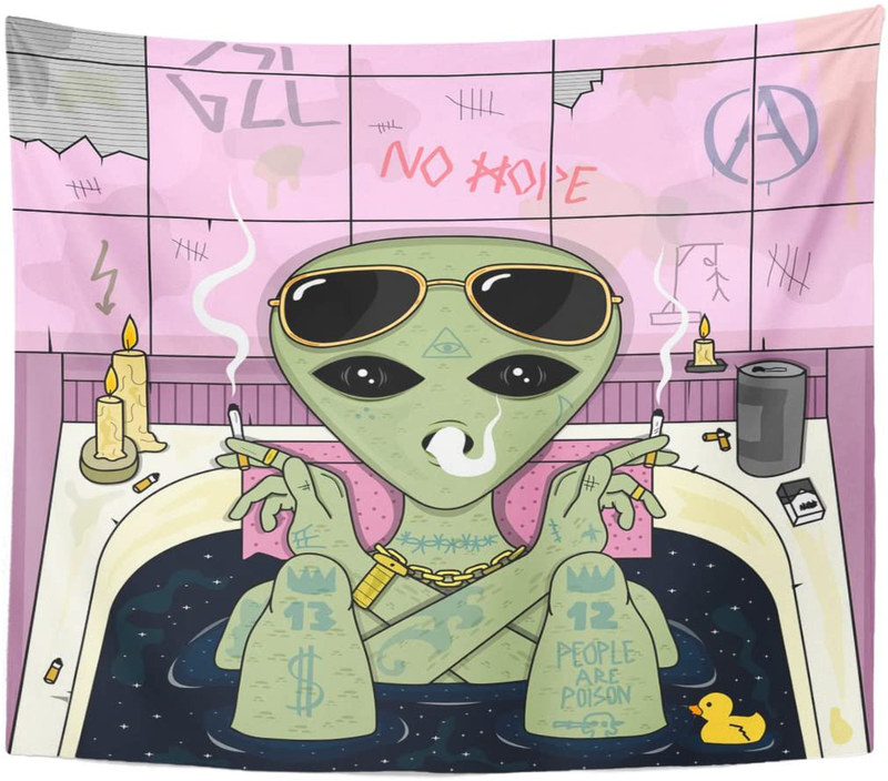Emvency Tapestry Trippy Stoner Weed Alien Smoke and Chill in Bath Aesthetic Cigarette Glasses Home Decor Wall Hanging for Living Room Bedroom Dorm 60x80 Inches Home & Garden > Decor > Artwork > Decorative Tapestries Emvency 50" x 60"  