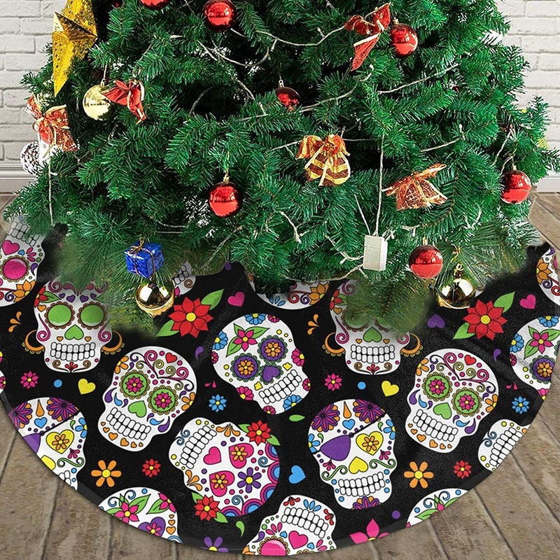 Day of The Dead Sugar Skull Black Tree Skirt Christmas Decorations, Elegant Xmas Tree Mat 36 Inch for Farmhouse Holiday and Party Decor Home & Garden > Decor > Seasonal & Holiday Decorations > Christmas Tree Skirts Ceambd   
