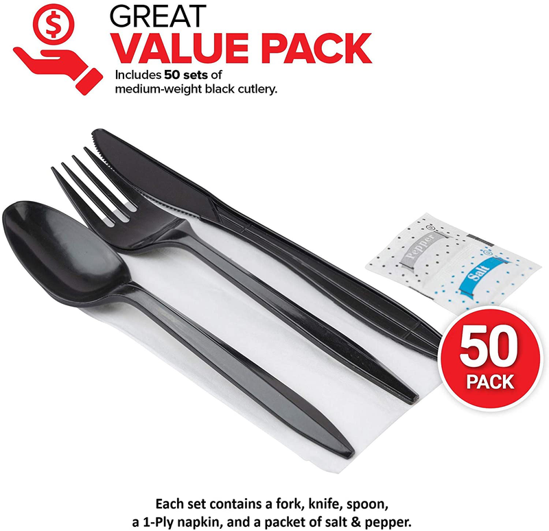 Stock Your Home Plastic Cutlery Packets with Salt & Pepper in Black (50 Count) - Wrapped Cutlery - Plastic Utensils Individually Wrapped for Take Out, Delivery, Cafeterias, Restaurants, Uber Eats