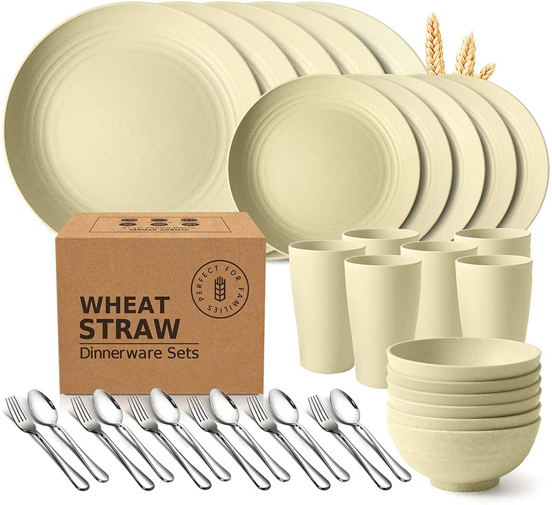 Teivio 24-Piece Kitchen Wheat Straw Dinnerware Set, Dinner Plates, Dessert Plate, Cereal Bowls, Cups, Unbreakable Plastic Outdoor Camping Dishes (Service for 6 (24 piece), Multicolor) Home & Garden > Kitchen & Dining > Tableware > Dinnerware Teivio Beige Service for 4 (16 pieces with silverware) 