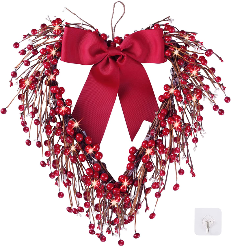 Sggvecsy 16.5In Valentine'S Day Heart Wreath with Berry Red Heart Wreaths Handmade Valentines Day Wreath with Red Pip Berry Pre-Lit LED Lights for Gifts Front Door Indoor Home Wedding Festival Decor
