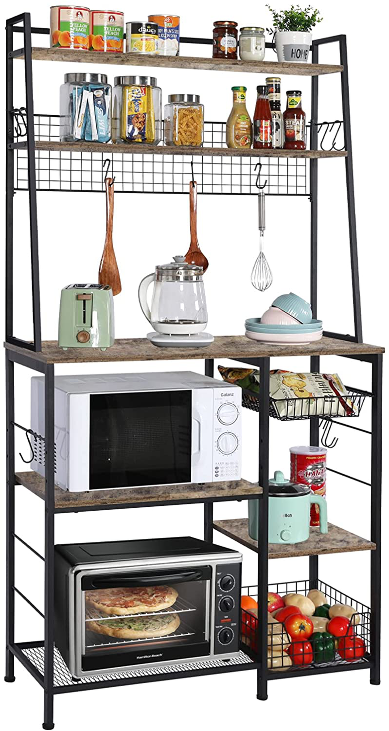 Kitchen Baker’S Rack with Storage, 68Inch Microwave Oven Stand with Pull-Out Wire Basket 12 Hooks,5 Tier Storage Shelf with Mesh Panels for Utensils, Pots, Pans, Spices