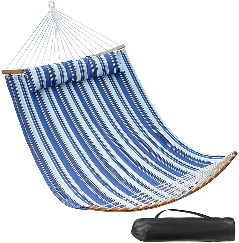 SUNNY GUARD 11FT Double Hammock Quilted Fabric Curved-Bar Bamboo＆Detachable Pillow,2 Person Hammock for Outdoor Patio Backyard 75"x55",Navy Blue Home & Garden > Lawn & Garden > Outdoor Living > Hammocks SUNNY GUARD Catalina Beach  