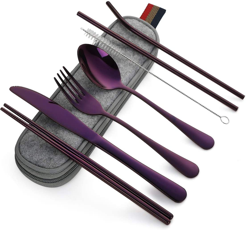 DEVICO Portable Utensils, Travel Camping Cutlery Set, 8-Piece including Knife Fork Spoon Chopsticks Cleaning Brush Straws Portable Case, Stainless Steel Flatware set (Silver) Home & Garden > Kitchen & Dining > Tableware > Flatware > Flatware Sets DEVICO Purple  