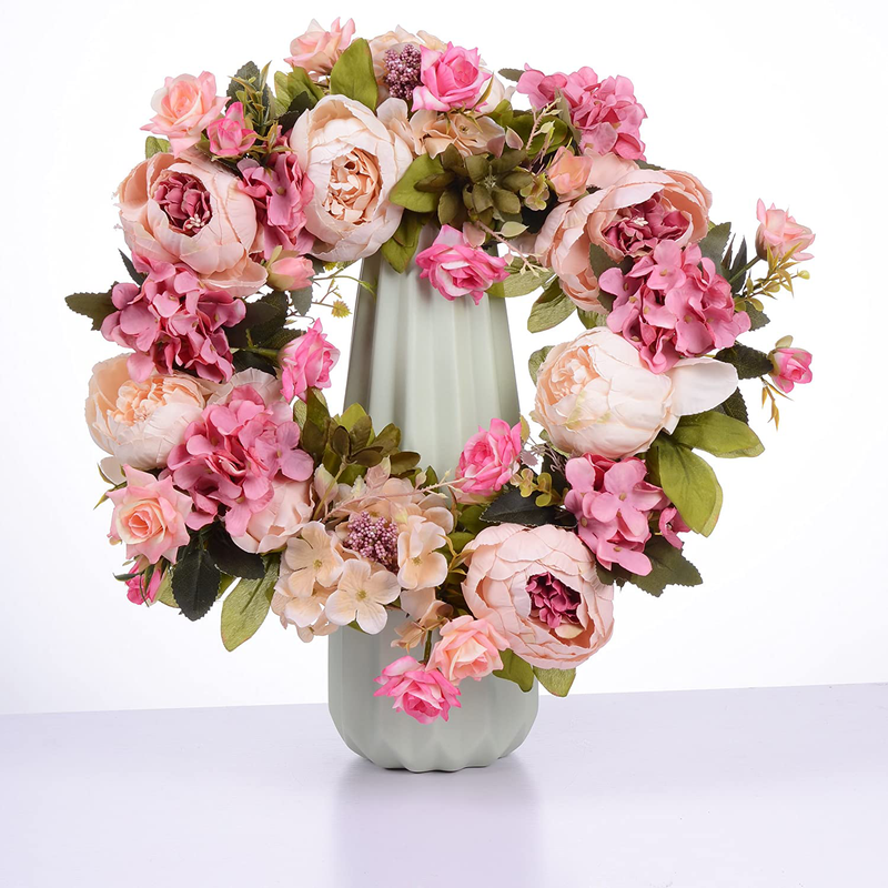 Lvydec Artificial Peony Flower Wreath - 15" Pink Flower Door Wreath with Green Leaves Spring Wreath for Front Door, Wedding, Wall, Home Decor Home & Garden > Decor > Seasonal & Holiday Decorations Lvydec   