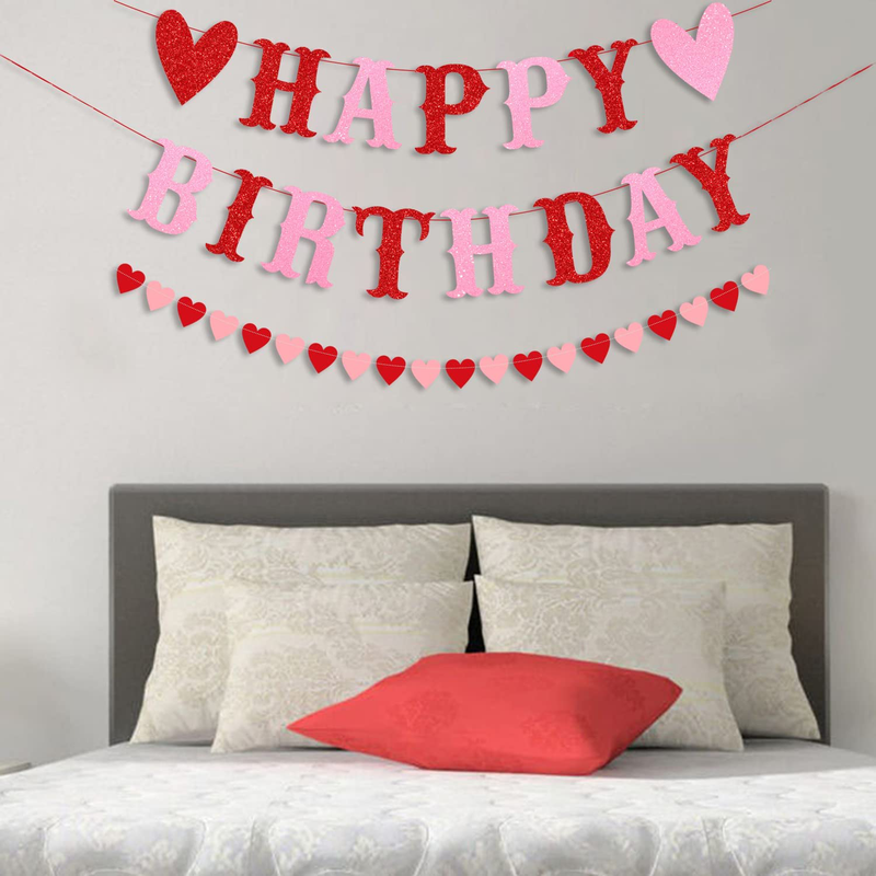 PTFNY Glitter Happy Birthday Banner for Valentine'S Day Red Pink Glittery Valentines Day Happy Birthday Garland Banner and Heart Garland Valentines Themed Birthday Party Decorations for Wall Fireplace Decor Supplies Home & Garden > Decor > Seasonal & Holiday Decorations PTFNY   