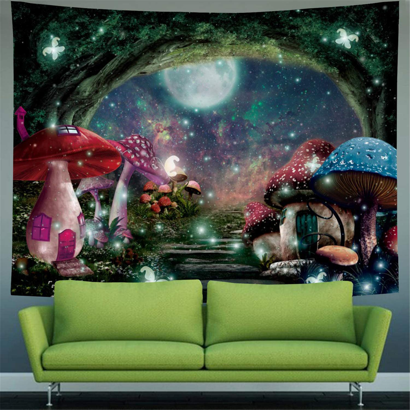 Psychedelic Mushroom Castle Tapestry Galaxy Moon Stars Tapestry Mysterious Forest Tree Tapestry Fantasy Fairy Tale Tapestry Wall Hanging for Bedroom Home & Garden > Decor > Artwork > Decorative Tapestries G.Will   