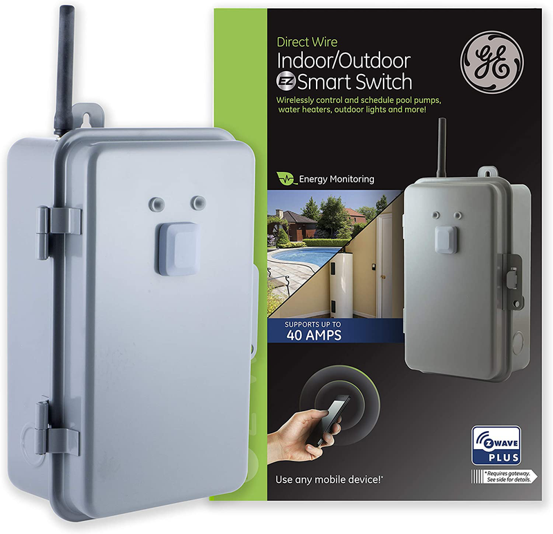 GE Z-Wave Plus 40-Amp Indoor/Outdoor Metal Box Smart Switch, Direct Wire, 120-277VAC, for Pools, Pumps, Patio Lights, AC Units, Electric Water Heaters, Compatible with a Z-Wave Certified Hub 14285 , Gray Home & Garden > Lighting Accessories > Lighting Timers GE Default Title  