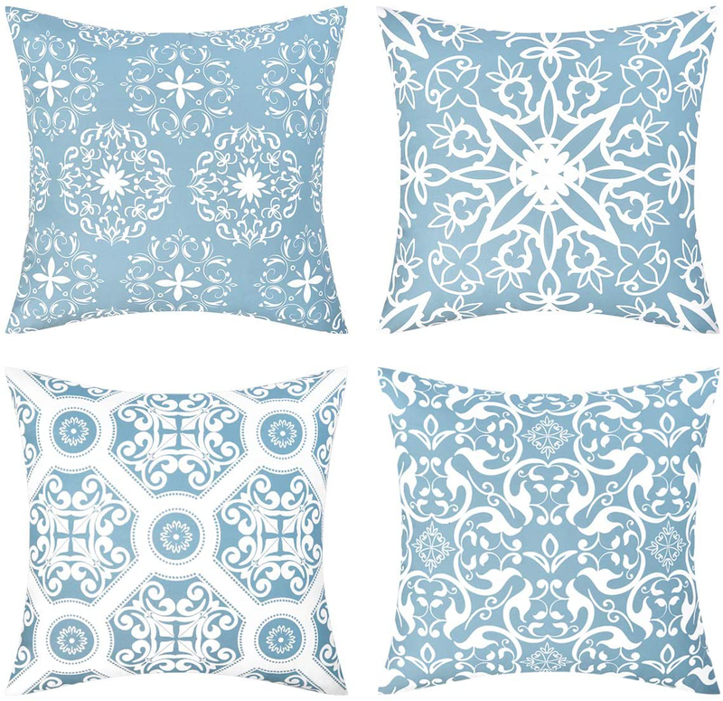 Fascidorm Blue Floral Throw Pillow Covers Vintage Mandala Decorative Throw Pillow Case Cushion Case for Room Bedroom Room Sofa Chair Car, Light Blue and White, Set of 4, 18 X 18 Inch Home & Garden > Decor > Chair & Sofa Cushions Fascidorm Light Blue 18 x 18-Inch 