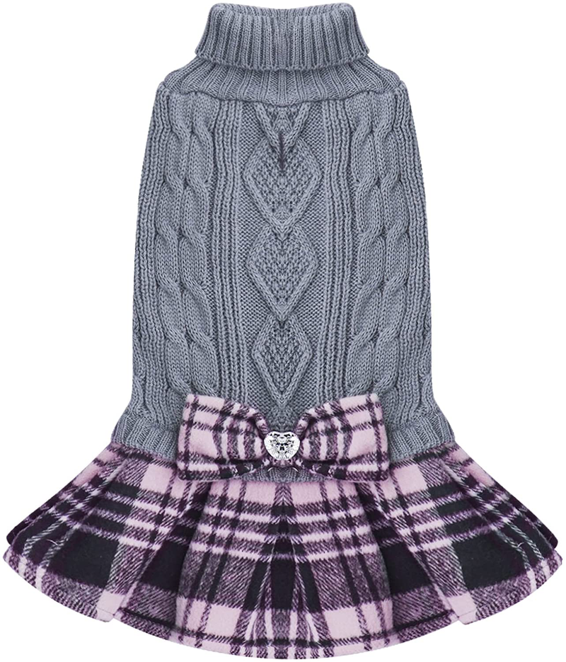 KYEESE Dog Sweater Dress with Leash Hole Plaid with Bowtie Turtleneck Dog Pullover Knitwear Pet Sweater Warm for Fall Winter Animals & Pet Supplies > Pet Supplies > Dog Supplies > Dog Apparel KYEESE Grey Medium (Pack of 1) 