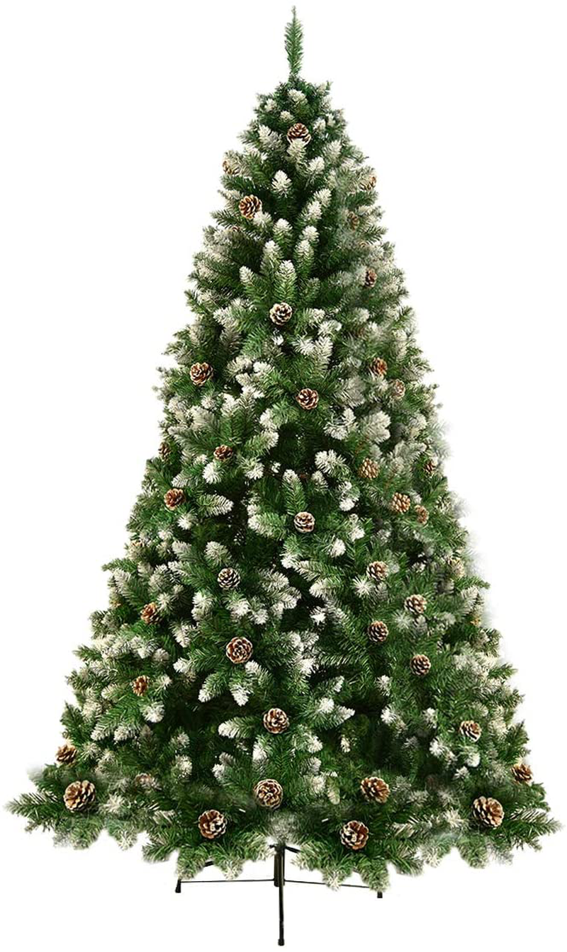 Timechee 6FT Artificial Christmas Tree,Snow Flocked Tree with Pine Cones and Metal Stand, Holiday Xmas Tree for Festival Indoor Outdoor Décor (800 Branch Tips)