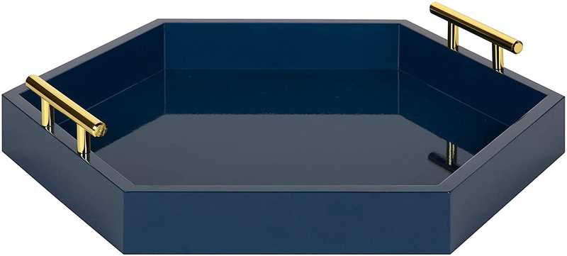 Kate and Laurel Lipton Hexagon Decorative Tray with Polished Metal Handles, Navy Blue and Gold Home & Garden > Decor > Decorative Trays Kate and Laurel Navy Blue 18x18 