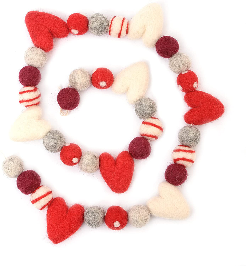 Glaciart One Valentine Felt Ball Garland with Swirl Balls - Handmade in Nepal Using New Zealand Wool - Reusable, Durable, Stylish & Versatile - Easy to Hang & Maintain – 7Ft, 8 Hearts, 27 Balls Home & Garden > Decor > Seasonal & Holiday Decorations Glaciart One Mix With Swirls  