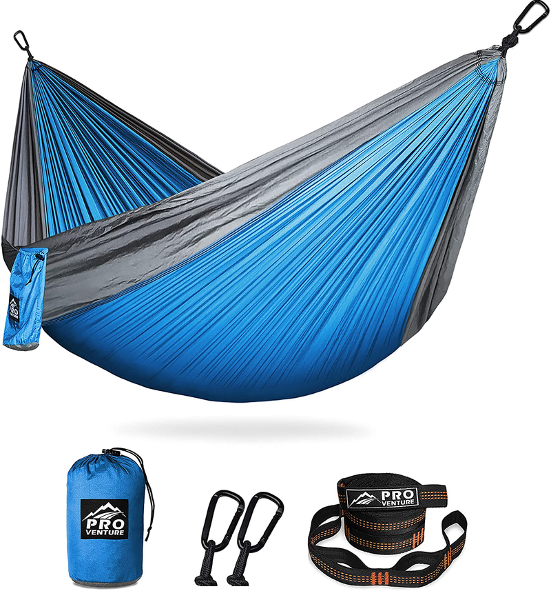 Pro Venture Hammocks - Double or Single Hammock 400lbs (+2 Tree Straps + 2 Carabiners) - Portable 2 Person, Safe, Strong, Lightweight Nylon 210T - for Camping, Backpacking, Hiking, Patio Home & Garden > Lawn & Garden > Outdoor Living > Hammocks Pro Venture Single - Sky Blue / Grey  