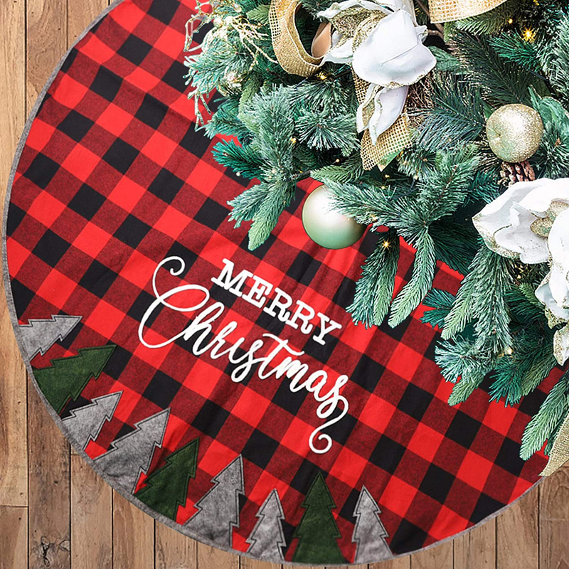 Juegoal 48 Inch Christmas Tree Skirt, Soft Red and Black Plaid Christmas Tree Mat for Xmas Party Decoration, Christmas Tree Holiday Decor