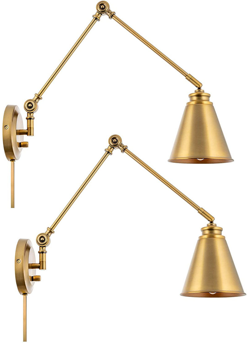 Kira Home Ellis 18" Vintage Industrial Swing Arm Wall Lamp - Plug In/Wall Mount + Cord Covers, Warm Brass Finish, 2-Pack