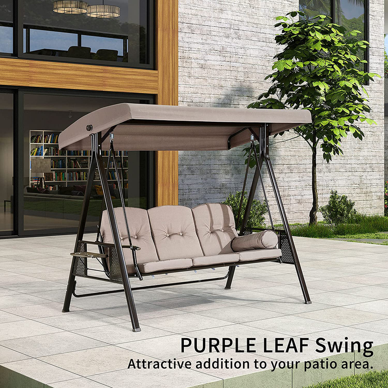 PURPLE LEAF 3-Seat Deluxe Outdoor Patio Porch Swing with Weather Resistant Steel Frame, Adjustable Tilt Canopy, Cushions and Pillow Included, Beige Home & Garden > Lawn & Garden > Outdoor Living > Porch Swings PURPLE LEAF   