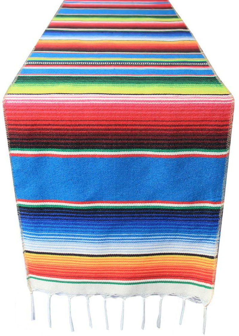 Mexican Serape Table Runner for Mexican Theme Party, Cinco de Mayo Fiesta Party, Day of Death Decorations, Falsa Classic Striped Fringe Pattern Cotton Blanket, Red,14x84 inches Home & Garden > Decor > Seasonal & Holiday Decorations& Garden > Decor > Seasonal & Holiday Decorations Toaroa Blue 10 