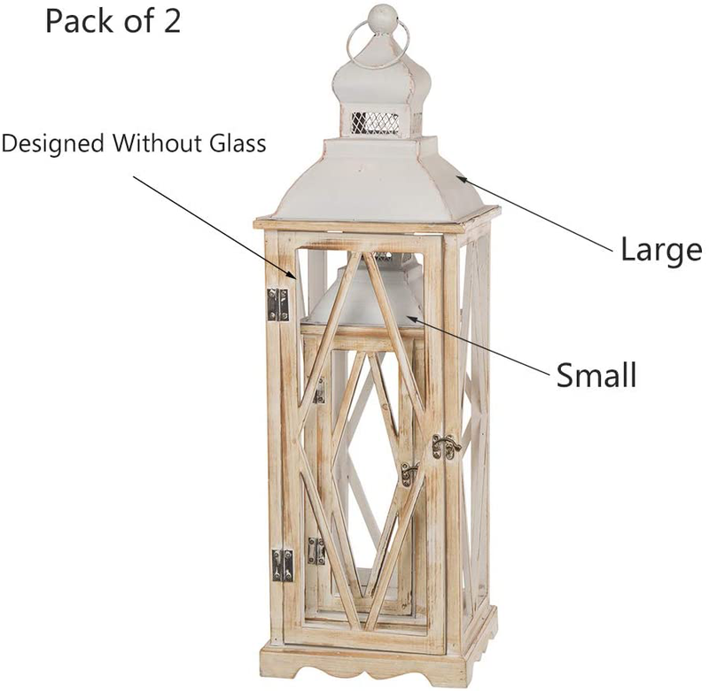 glitzhome Farmhouse Wood Metal Lanterns Decorative Hanging Candle Lanterns White Set of 2 (No Glass) Home & Garden > Decor > Home Fragrance Accessories > Candle Holders Glitzhome   