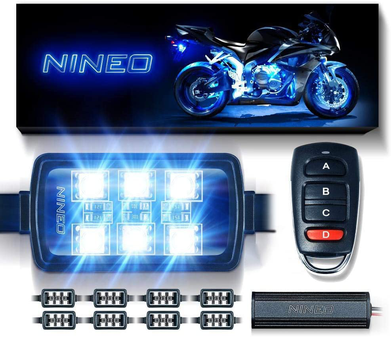 NINEO 8 pcs Motorcycle RGB LED Strip Lights Kit| Multi-Color Neon w/Smart Remote Controller| Compatible with Golf Carts Trikes Cruiser Scooter ATVs UTVs