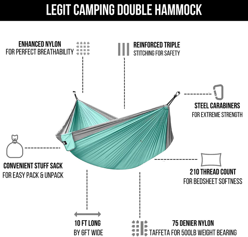 Legit Camping Hammock - Hammocks - 2 Person Hammock - Tree Hammock - Double Hammock - Portable Hammock - Outdoor Hammock - Hammock - Travel Hammock - Hammocks for Outside - Heavy Duty Hammock Home & Garden > Lawn & Garden > Outdoor Living > Hammocks Legit Camping   