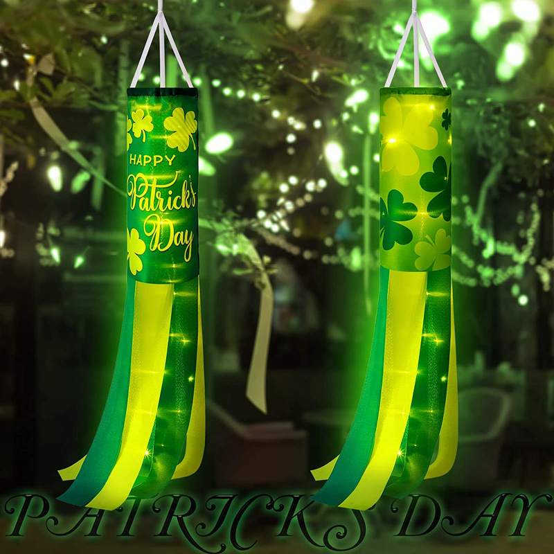 Happy St. Patrick'S Day Windsock 2 Pieces Green Shamrock Windsock with LED Ropes Light Polyester Garden Windsock Decorative for St. Patrick'S Day Outdoor Hanging Home Outdoor Decoration Arts & Entertainment > Party & Celebration > Party Supplies Hiboom   