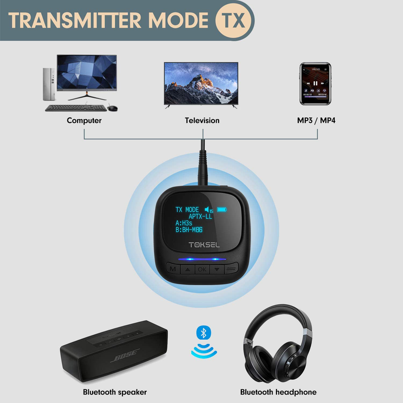 TOKSEL Visible Bluetooth 5.0 Transmitter Receiver for TV PC, 2-in-1 Wireless Bluetooth Adapter with OLED Screen, Volume Control, 3.5mm AUX RCA Stereo Output, Low Latency for Car Home Sound System Electronics > Audio > Audio Components > Audio & Video Receivers TOKSEL   