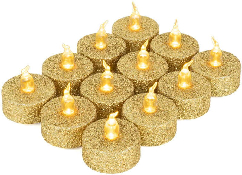 Glitter Gold Tea Lights, Battery Operated Flameless LED Tea Light, Gold Glitter Flickering Electric Fake Candles for Wedding, Party, Festival Christmas Decor, Pack of 12 Home & Garden > Decor > Home Fragrances > Candles Homemory Gold Glitter  