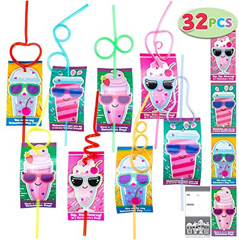 JOYIN 32 Pack Valentines Day Gift Cards with Gift Colorful Crazy Loop Reusable Drinking Straws for Classroom Exchange Prizes, Valentine Party Favors