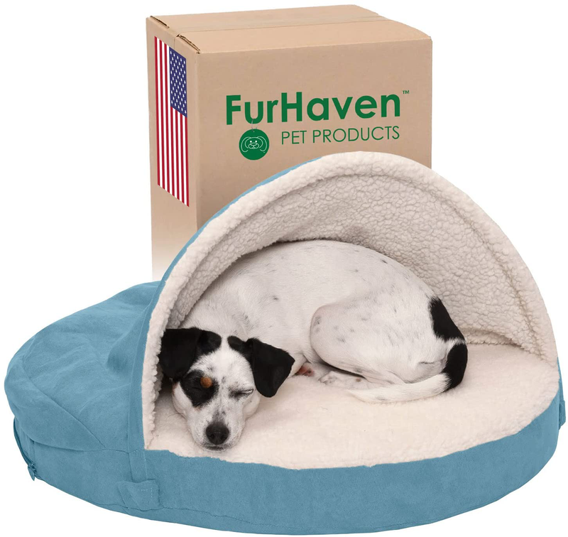 Furhaven Cozy Pet Beds for Small, Medium, and Large Dogs and Cats - Snuggery Hooded Burrowing Cave Tent, Deep Dish Cushion Donut Dog Bed with Attached Blanket, and More