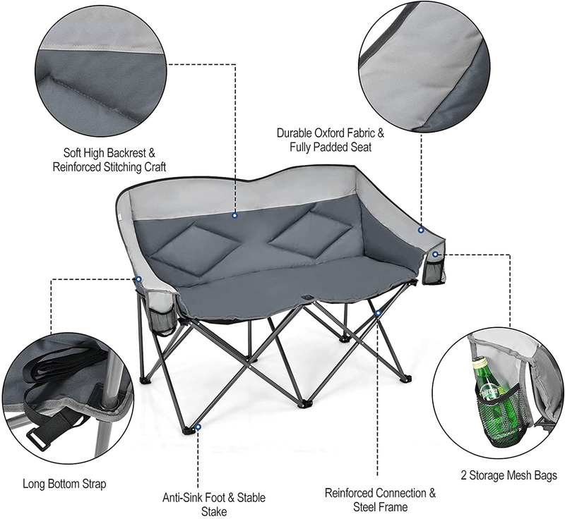 Goplus Loveseat Camping Chair, Double Folding Chair for Adults Couples W/Storage Bags & Padded High Backrest, Oversize Camp Seat for Fishing Picnic (Grey) Sporting Goods > Outdoor Recreation > Camping & Hiking > Camp Furniture Goplus Corp   