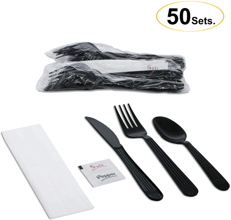 Party Essentials Individually Wrapped Black Plastic Cutlery Packets/ Heavy Duty Silverware Kits, Fork/ Spoon/ Knife/ Napkin/ Salt/ Pepper, 50 Sets Home & Garden > Kitchen & Dining > Tableware > Flatware > Flatware Sets Party Essentials   