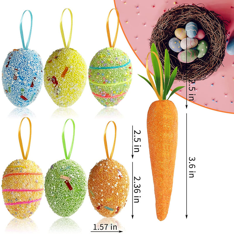 Easter Egg Ornaments and Carrot Hanging Ornaments 12 Pieces Colorful Foam Easter Hanging Egg Ornaments 6 Pieces Premium Foam Glitter Artificial Carrots Easter Tree Decorations Home Party DIY Crafts