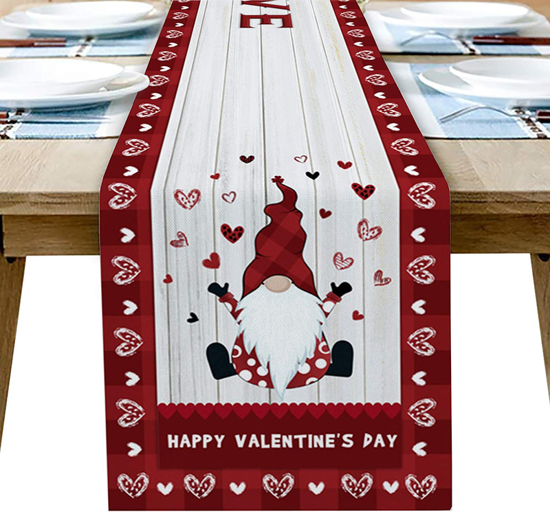 Cotton Linen Table Runner for All Seasons Happy Valentine'S Day Gnomes Pattern Wooden Board Table Setting Decor Red Heart Check Hat for Garden Wedding Parties Dinner Decoration - 13 X 70 Inches Home & Garden > Decor > Seasonal & Holiday Decorations AXMSYun 13 x 90inch(33x229cm)  