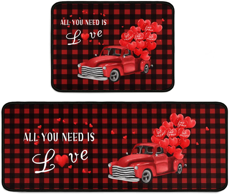 Kitchen Rugs and Mats Sets of 2 ,Valentine'S Day Kitchen Rugs Red Truck Love Heart Buffalo Plaid Decoration Non-Slip Rugs,Rubber Backing Waterproof Floor Mat,17.7X23.6+17.7X47.2Inch Home & Garden > Decor > Seasonal & Holiday Decorations Faptoena Buffalo Plaid Truck  