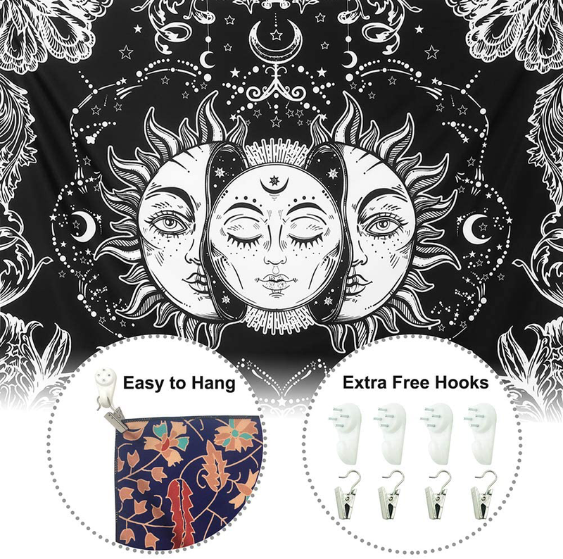 HOMKUMY Wall Tapestry, Moon and Sun Black White Hippie Tapestry Bohemian Psychedelic Indian Wall Hanging Popular Mystic Art Tapestry for Home Decor Bedroom Living Room Coverlet Curtain, Medium 59x51" Home & Garden > Decor > Artwork > Decorative Tapestries HOMKUMY   