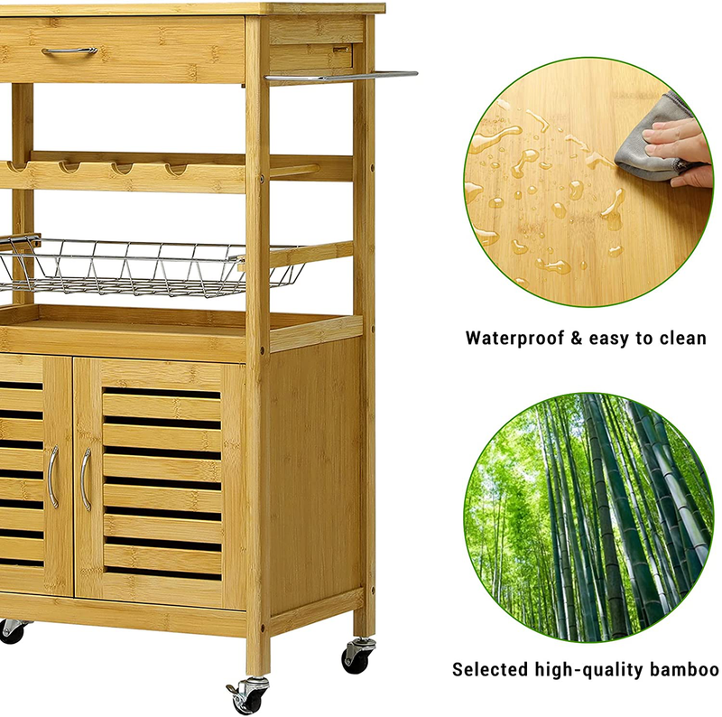 Small Kitchen Island on Wheels, Bamboo Kitchen Cart with Storage Cabinet and Drawer, Rolling Kitchen Island Cart Trolley with Towel Rack, Locking Casters for Dining Rooms Kitchens