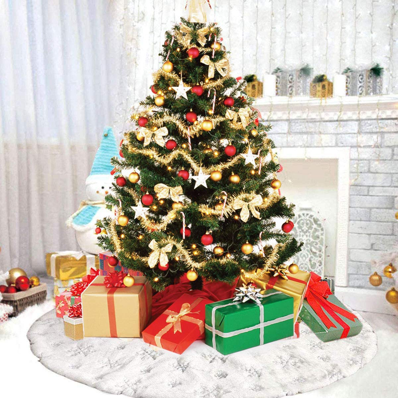 KHOYIME White Christmas Tree Skirt 48 inches Large Faux Fur Xmas Tree Skirt with Shining Silver Snowflake Christmas Decorations Party Ornaments Holiday Room Decor (122cm/48inches)