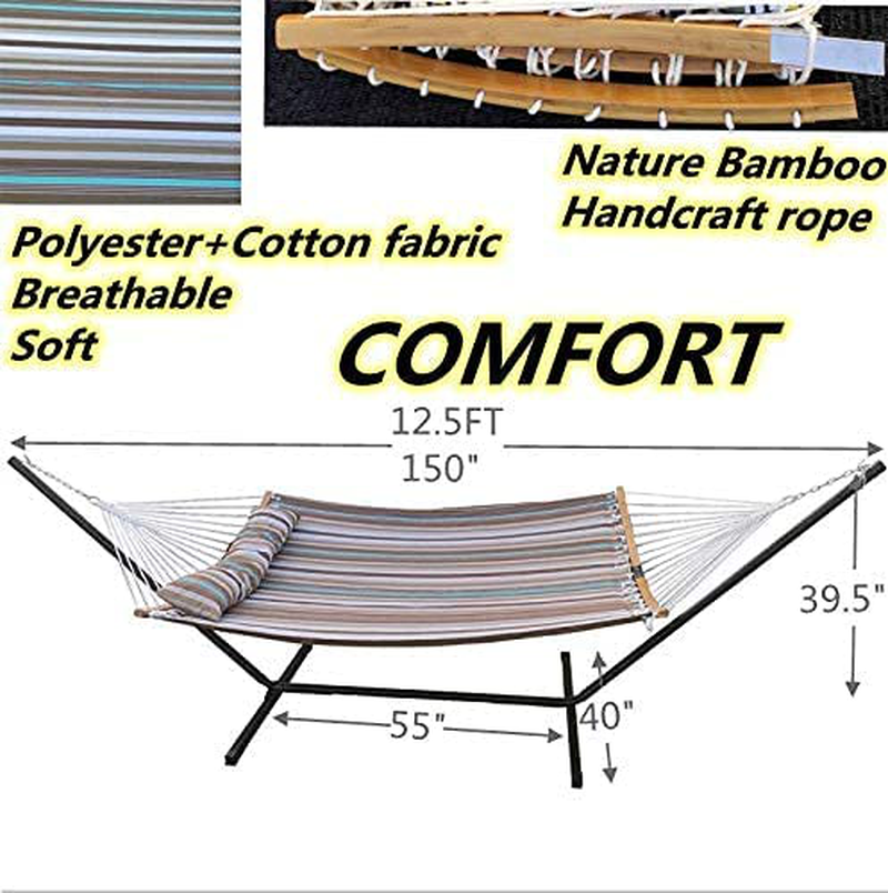 Love Story 2 Person Chain Hammock Include 12.6FT Heavy Duty Standing,Prevention Fall Curved-Bar Bamboo & Detachable Pillow, Outdoor &Indoor Multi-Purpose , Stripe Brown & Green Home & Garden > Lawn & Garden > Outdoor Living > Hammocks LOVE STORY   