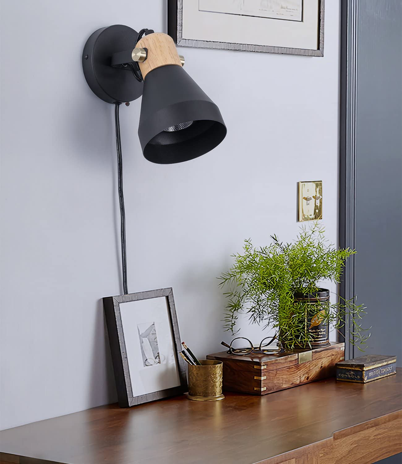 Tehenoo Wood Plug in Wall Lamp,Modern Rotatable Wall Light with On-Off Switch Cord,Matte Black Home & Garden > Lighting > Lighting Fixtures > Wall Light Fixtures KOL DEALS   