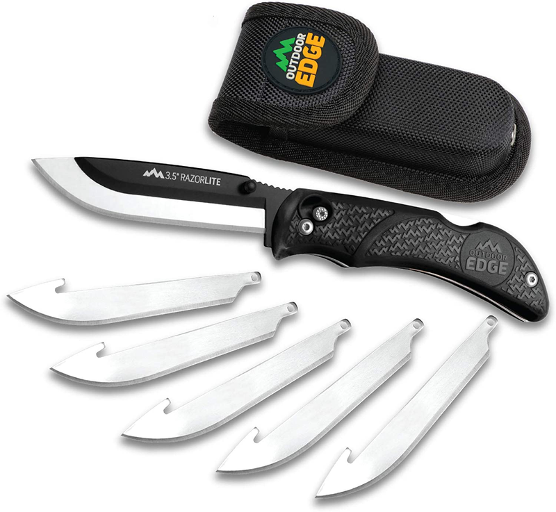 Outdoor Edge RazorLite - Replaceable Blade Folding Hunting Knife with Rubberized Nonslip TPR Handle, 6-Blades and Nylon Belt Sheath (Orange)  Outdoor Edge Black  