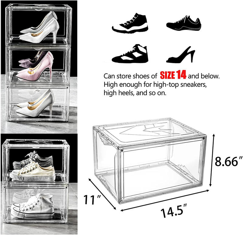 Clear Shoe Box, Set of 9 Stackable Plastic Sneaker Box Container, Magnetic Side Open Shoe Organizer and Shoes Storage Case, Full Transparent to Display Sneakers